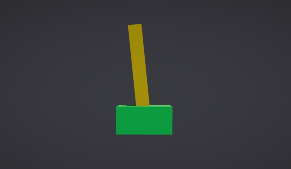 CartPole: a pole balanced upright on a cart riding a horizontal rail