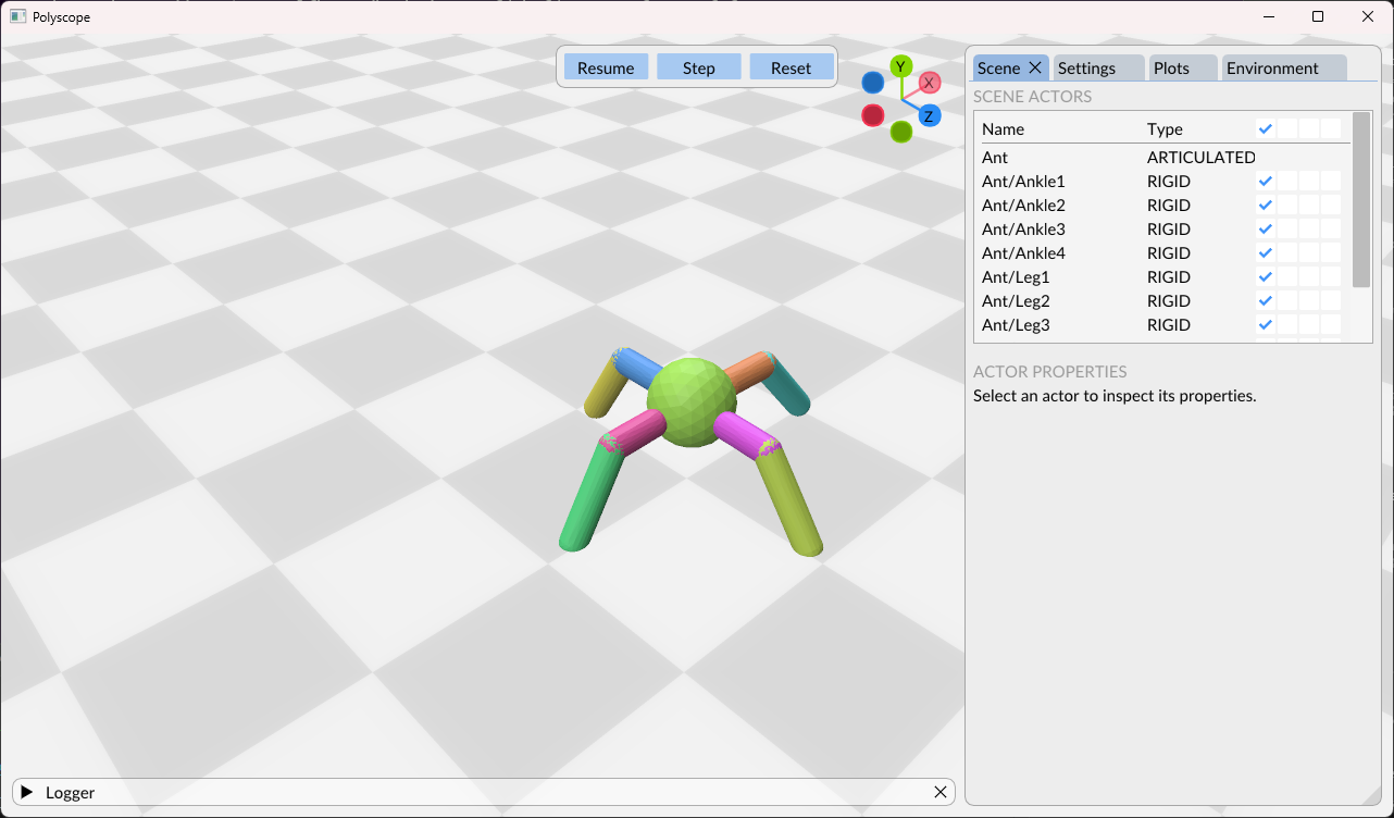 The Polyscope viewer in human render mode, showing the Ant environment alongside the Scene panel's actor list and the Environment tab