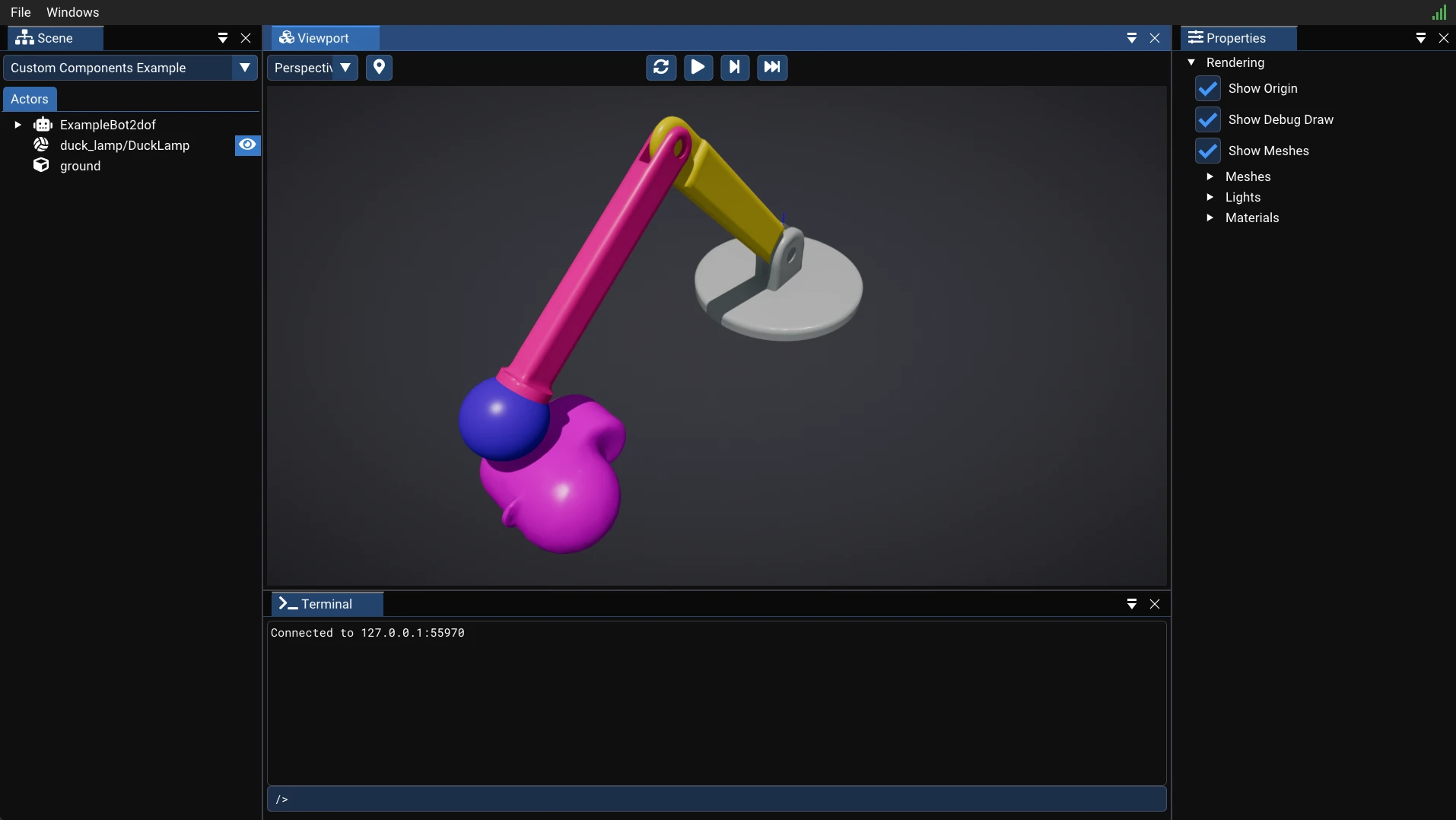 SuperDex Physics debugger showing the example 2-DOF robot arm from the custom components example