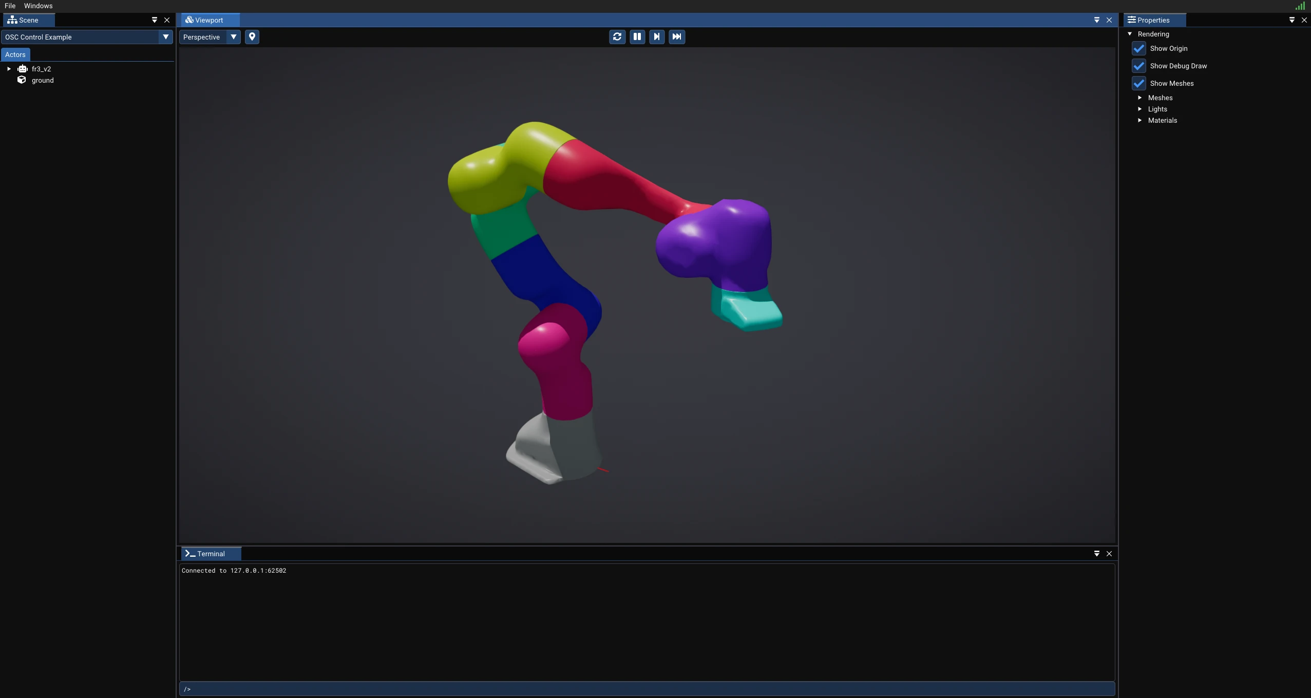 SuperDex Physics debugger showing the FR3 arm from the OSC control example