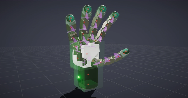 A dexterous robotic hand shown with link, joint, and collision debug overlays