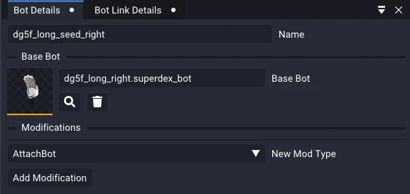 The Modifications section of a Mod Bot's Bot Details, with a New Mod Type dropdown set to AttachBot and an Add Modification button.