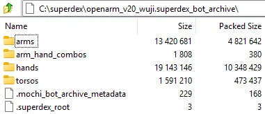 The contents of a .superdex_bot_archive opened as a zip, with folders for arms, arm_hand_combos, hands, and torsos plus archive metadata files.