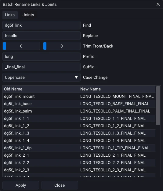 The Batch Rename Links & Joints dialog with Links and Joints tabs, Find, Replace, Trim Front/Back, Prefix, Suffix, and Case Change fields, and a preview table mapping each old name to its new name.