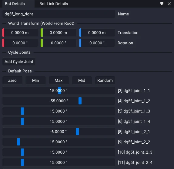 The Bot Details window, showing the bot's top-level properties: World Transform, Cycle Joints, and Default Pose.