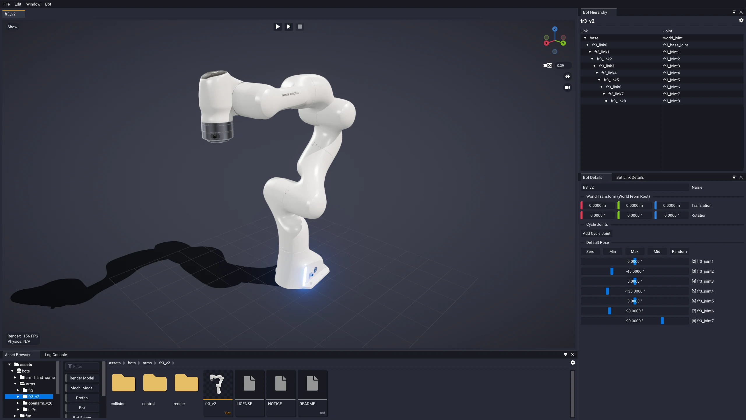 SuperDex Studio with a Franka arm and a five-finger hand open in the Bot Editor: viewport at center, Bot Hierarchy and Bot Link Details docked right, Asset Browser along the bottom.