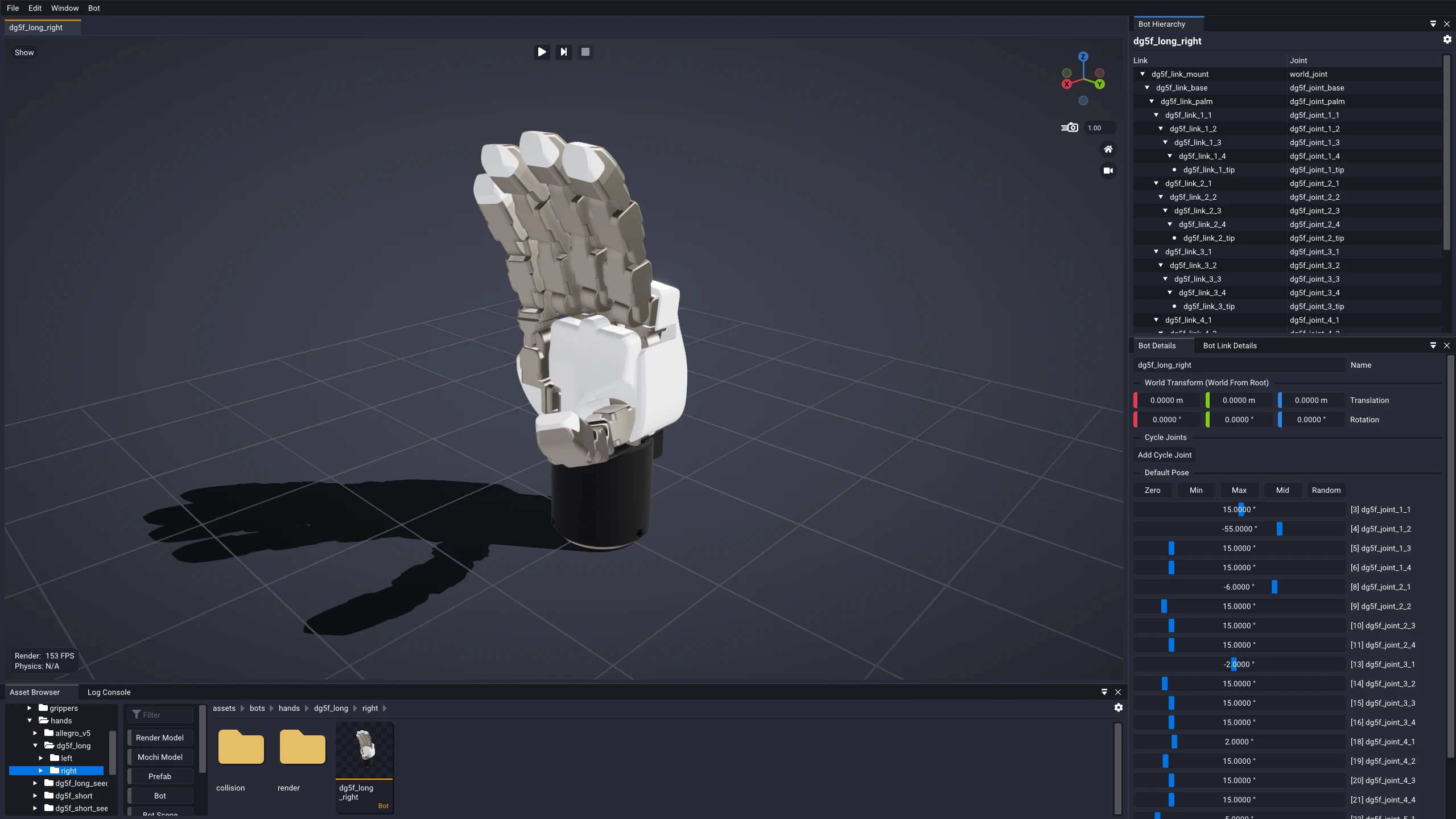 A robot open in the SuperDex Bot Editor, loaded into a live simulation with the editor's dockable windows arranged around the viewport.