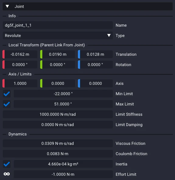The Joint section of Bot Link Details, with Info, Local Transform, Axis / Limits, and Dynamics groups.