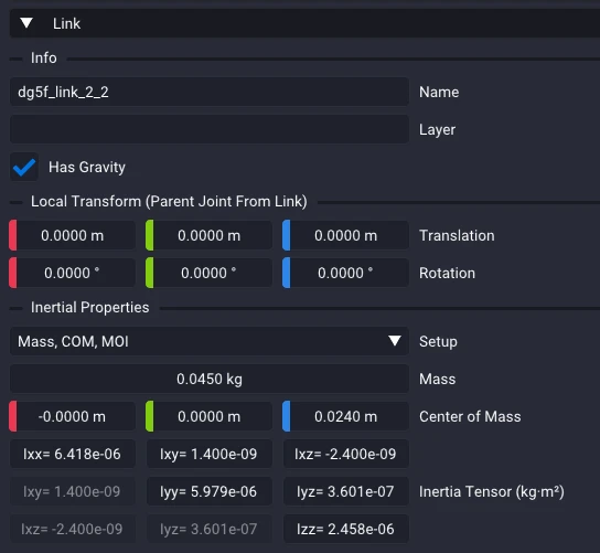 The top of the Link section, with Info, Local Transform, and Inertial Properties groups.