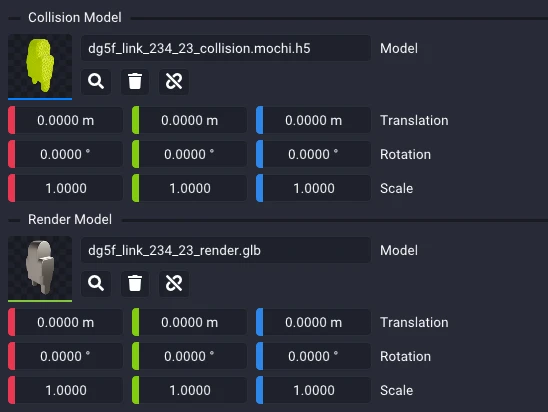 The Collision Model and Render Model slots, each with a thumbnail, a magnifier, trash, and link button, and its own translation, rotation, and scale.