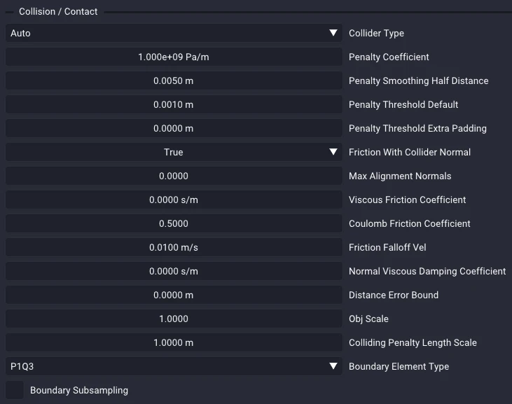 The Collision / Contact section: Collider Type, the penalty and friction parameters, and the boundary element type.