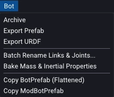 The Bot menu open on the main menu bar, showing Archive, Export Prefab, and Export URDF among other items.