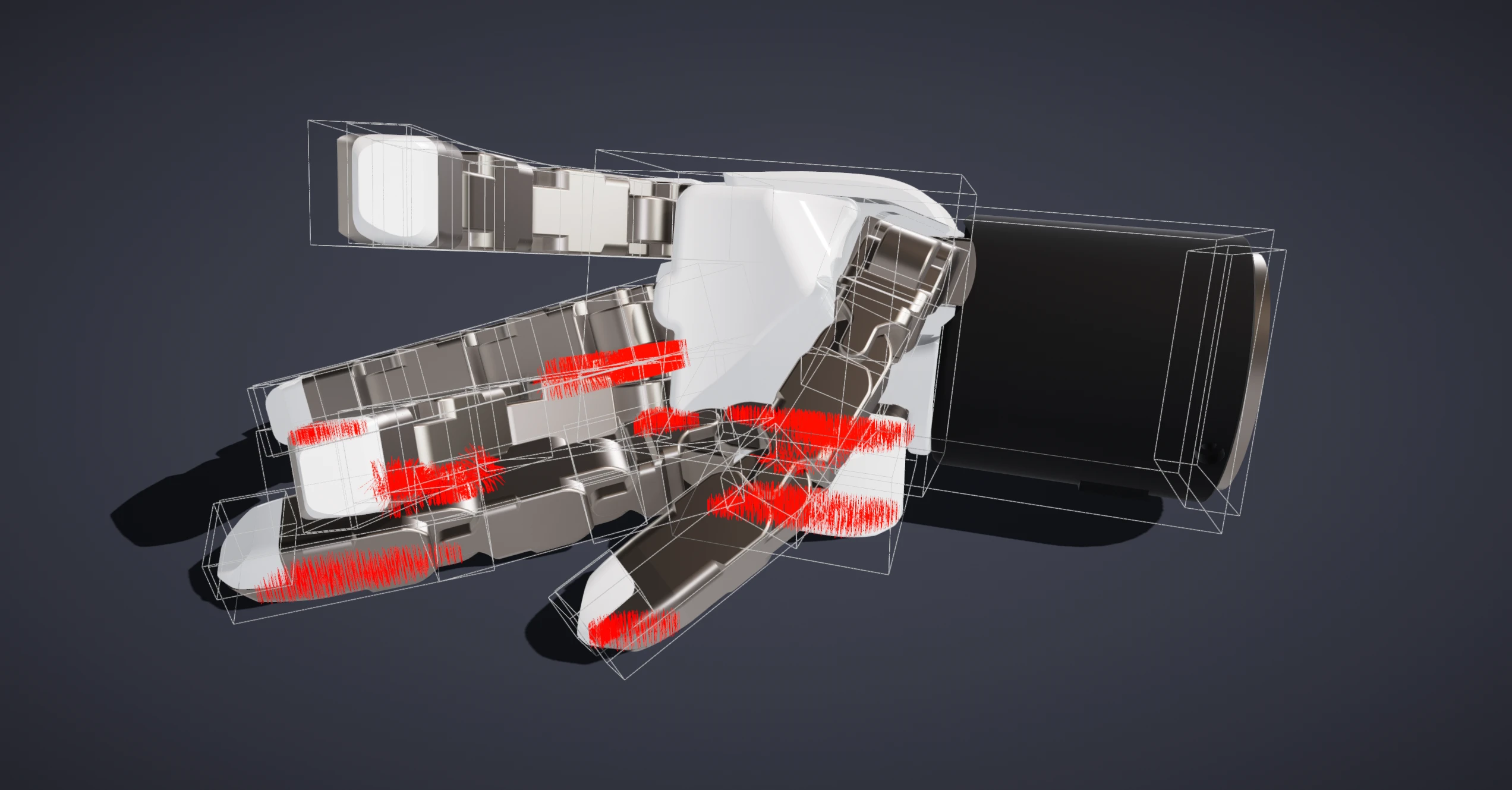 A simulated hand with Physics Debug Draw enabled: per-link bounding boxes in wireframe and red contact normals where the fingers touch.