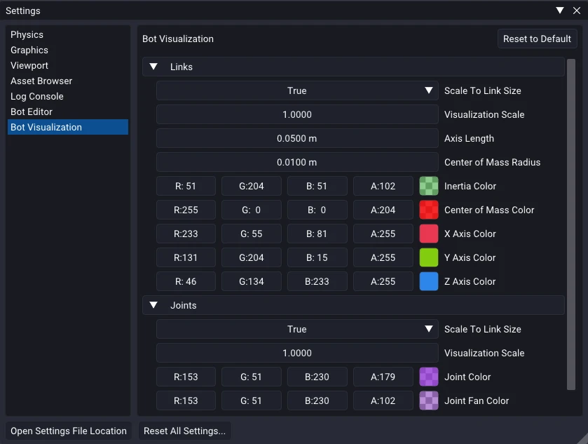 The Settings window with Bot Visualization selected, showing Links and Joints groups with scale, size, and color options.