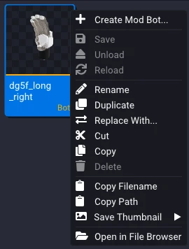 A bot tile's right-click menu in the Asset Browser with Create Mod Bot... at the top.