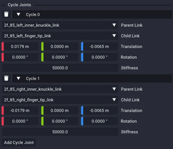 The Cycle Joints panel, showing an expanded cycle with Parent Link and Child Link dropdowns, a Joint From Child Link transform, and a Stiffness field.