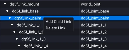 The Bot Hierarchy tree with a link right-clicked, showing the Add Child Link and Delete Link menu.