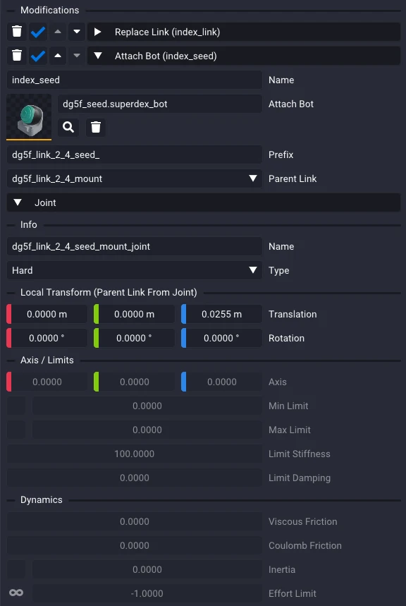 An Attach Bot modification expanded: a Name, an Attach Bot asset slot, a Prefix, a Parent Link picker, and a Joint section with Info, Local Transform, Axis / Limits, and Dynamics.