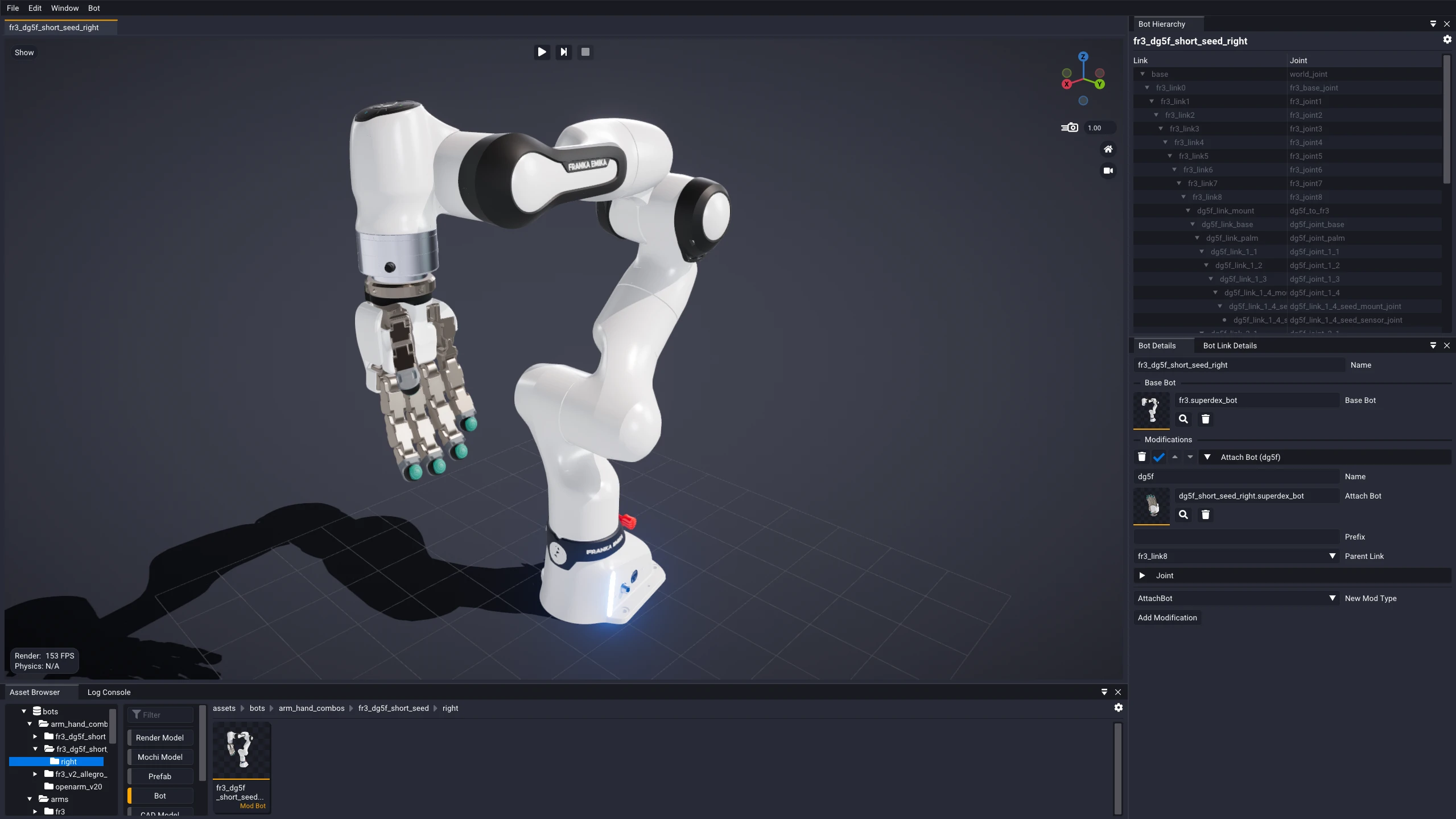 A Mod Bot in the editor with an FR3 arm as its base and an Attach Bot modification referencing the sensorized dg5f_short_seed_right hand, mounted on fr3_link8; the viewport shows the assembled arm and sensorized hand.