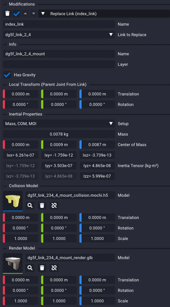 A Replace Link modification expanded: a Link to Replace picker followed by the inline link editor, with Info, Local Transform, Inertial Properties, Collision Model, and Render Model groups.