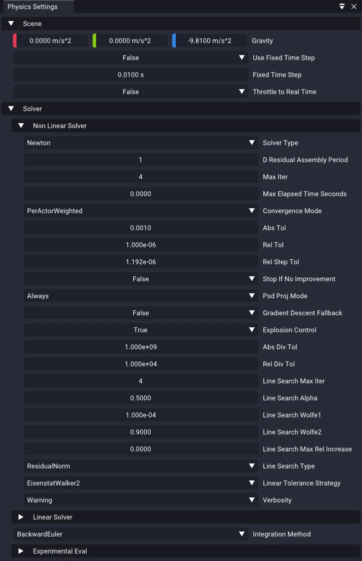 The Physics Settings window with a Scene section (Gravity, Use Fixed Time Step, Fixed Time Step, Throttle to Real Time) and a Solver section exposing the Non Linear and Linear solver parameters.