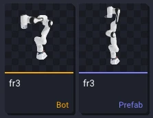 An fr3 Bot asset tile next to the fr3 Prefab exported from it; the prefab is posed differently because it no longer carries the bot's default pose.