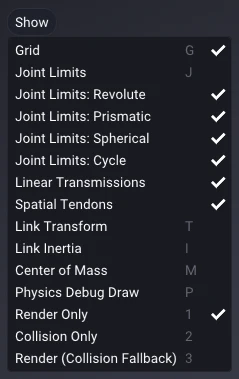 The Show menu open in the top-left of the viewport, listing visualization toggles with checkmarks and keyboard shortcuts.