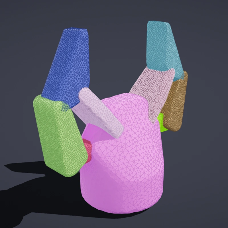 The same gripper from the URDF's collision meshes: every link is a convex hull, so the fingertip hooks and palm recesses are filled in and the fingers become smooth tapered blocks.