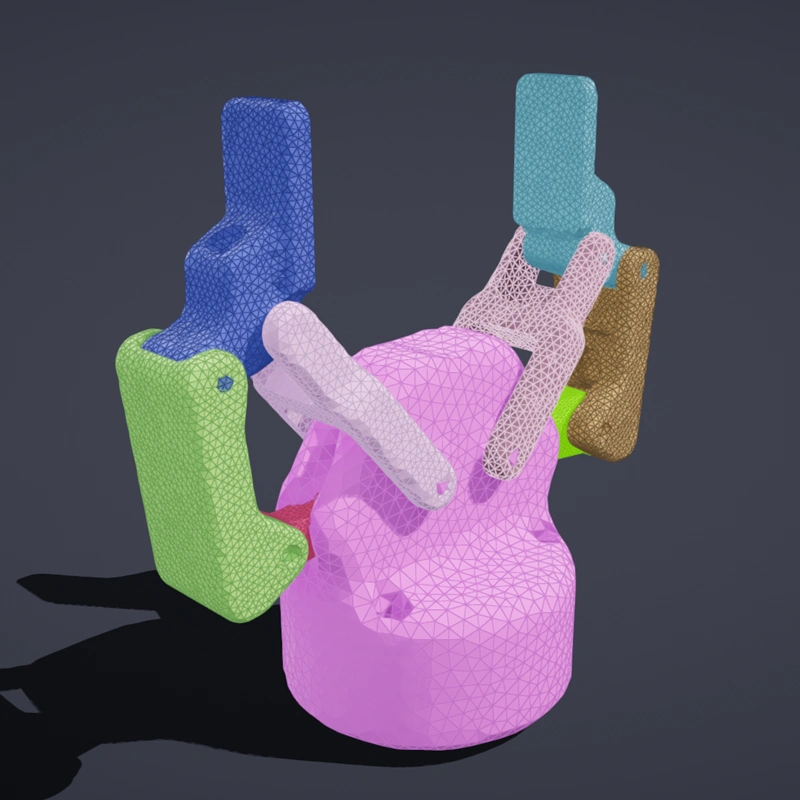 Robotiq gripper collision geometry generated from the URDF's visual meshes: fingertips keep their hooked profile, the palm keeps its recesses, and the linkage bars are separate slender parts.