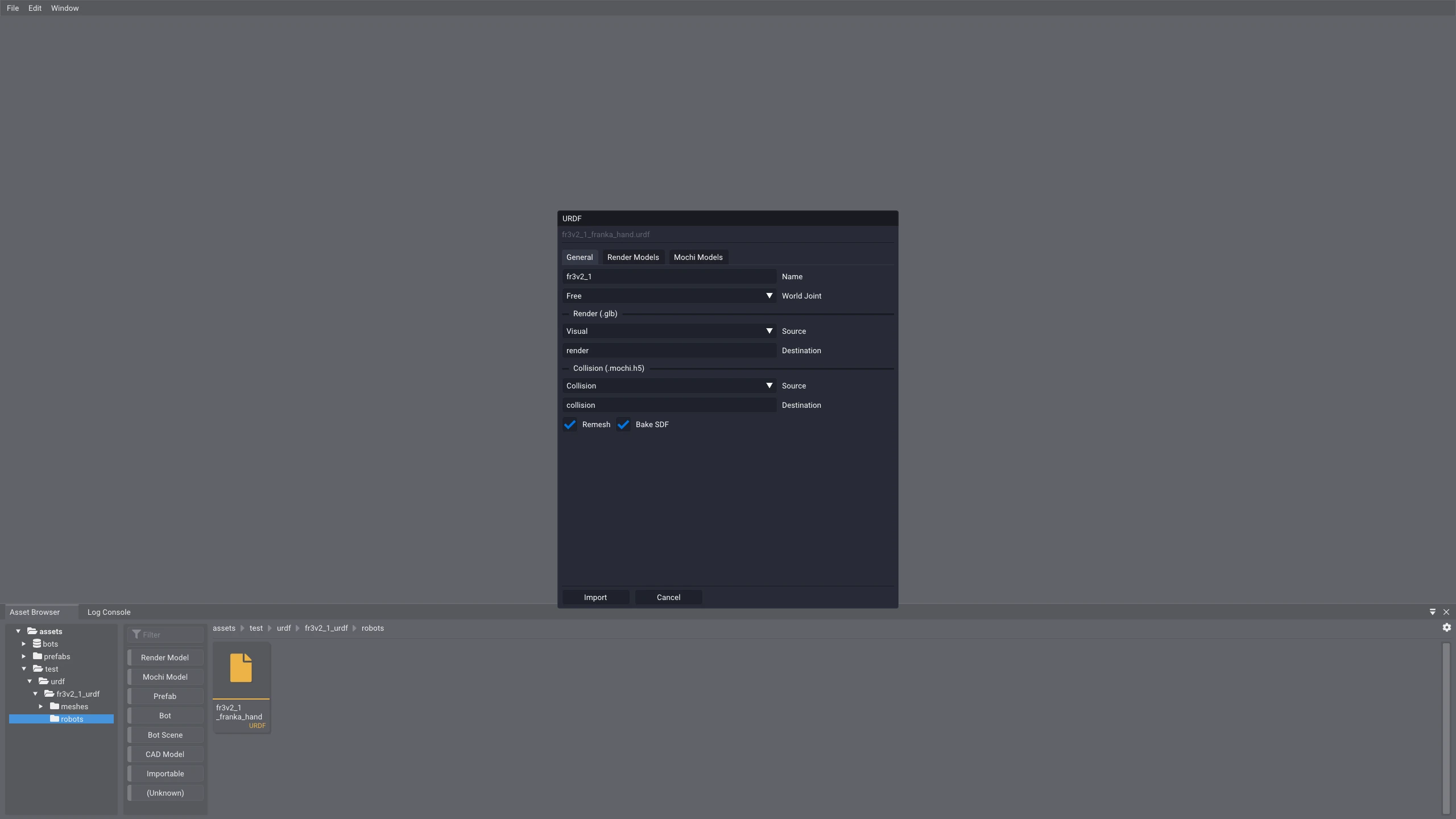 The URDF import wizard open over Studio, showing the General tab with Name, World Joint, render source and destination, collision source and destination, and the Remesh and Bake SDF checkboxes.