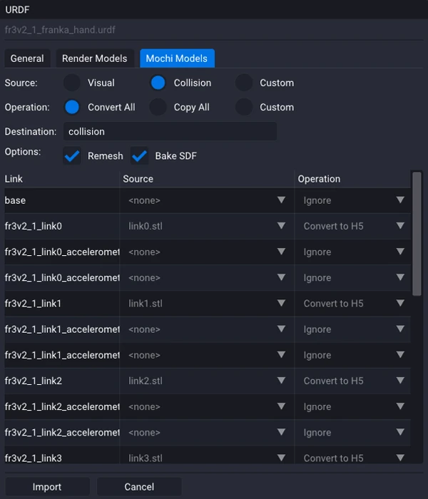 The Collision Models tab: Source and Operation radio rows, a Destination field, Remesh and Bake SDF checkboxes, and a table of links with a per-link Source and Operation column.