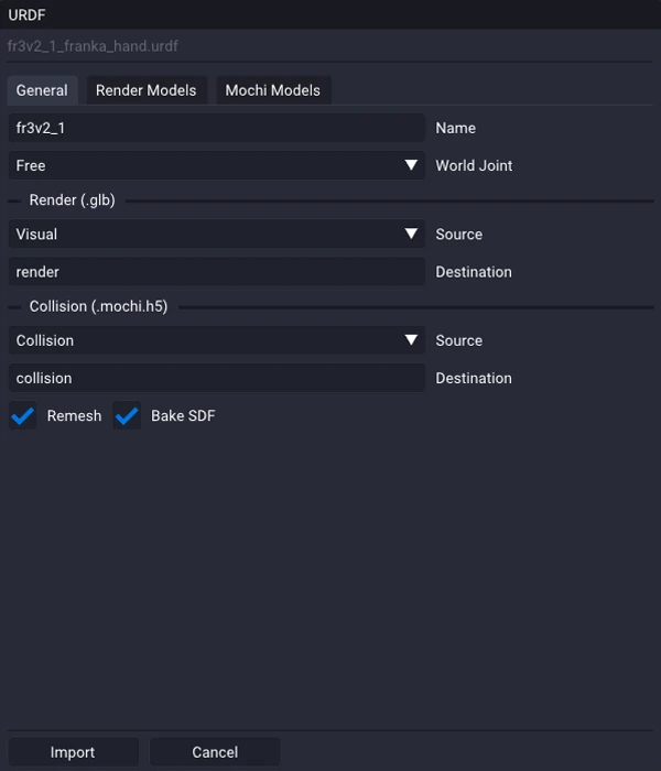 The General tab of the URDF import wizard, with a Name field, a World Joint dropdown, a Render section with Source and Destination, and a Collision section with Source, Destination, and the Remesh and Bake SDF checkboxes.
