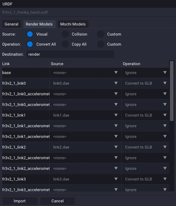 The Render Models tab: Source and Operation radio rows, a Destination field, and a table of links with a per-link Source and Operation column.
