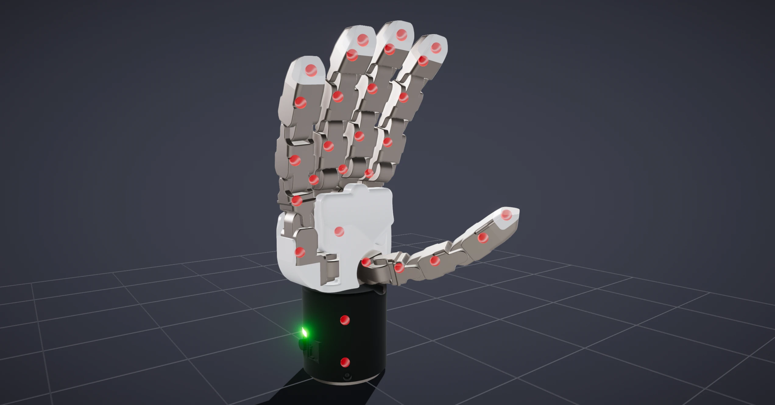 A robot hand with a small red sphere marking the center of mass of every link.
