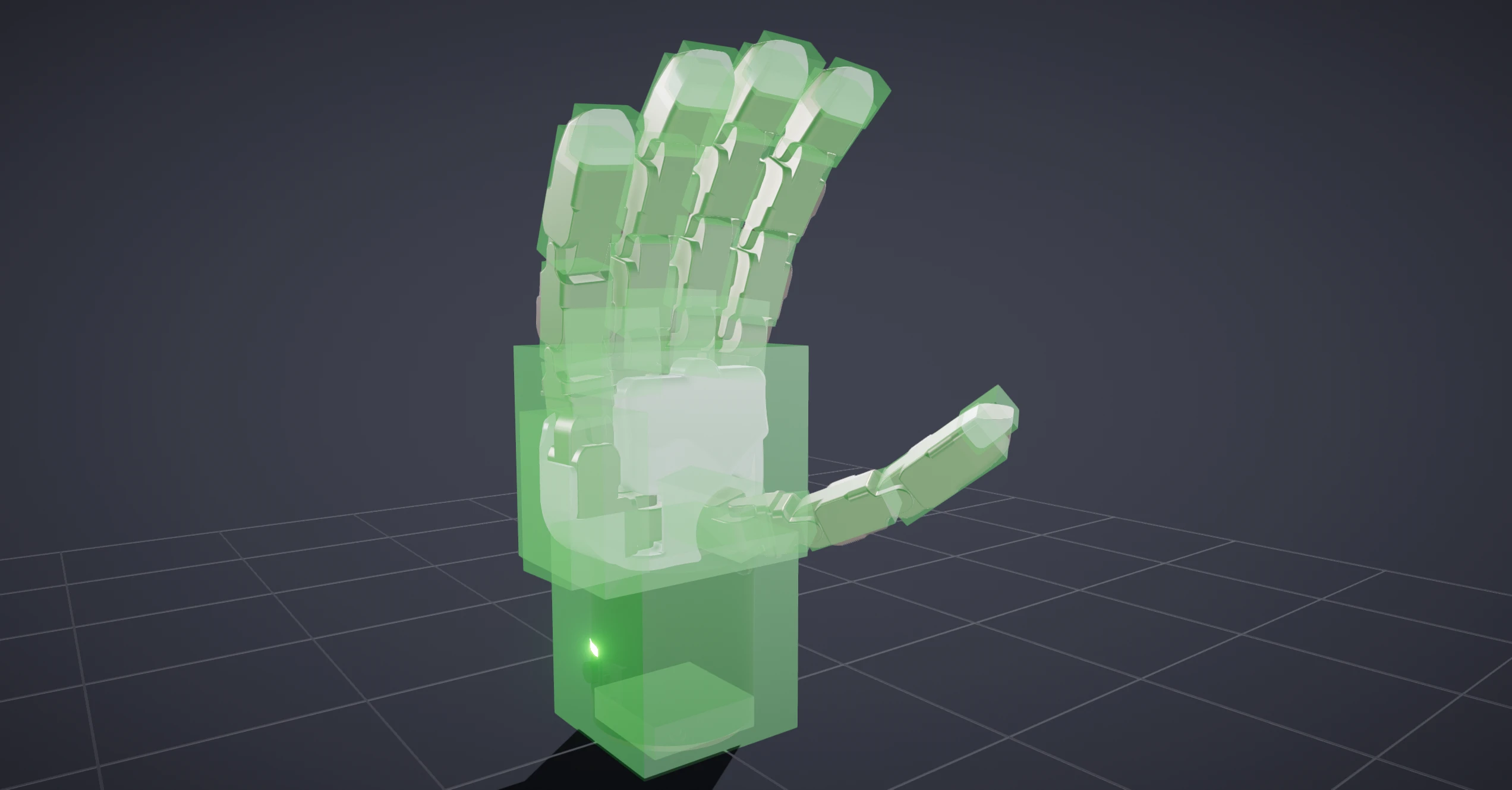 A robot hand with a translucent green box drawn over each link, representing the link's equivalent inertia, centered at its center of mass.