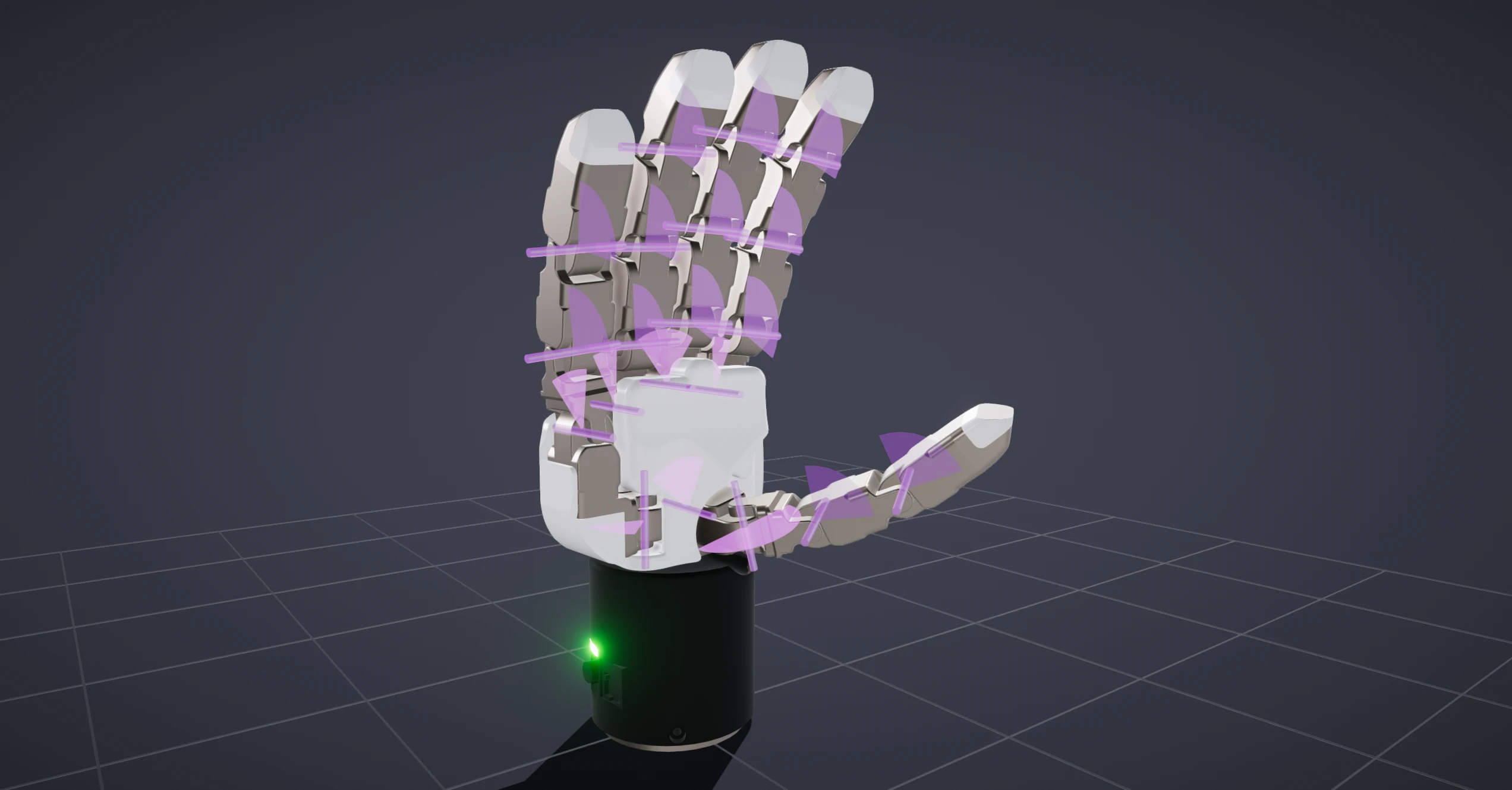 A five-finger hand in the viewport with purple joint-limit overlays: each joint shows its axis and an arc fan spanning its range of motion.