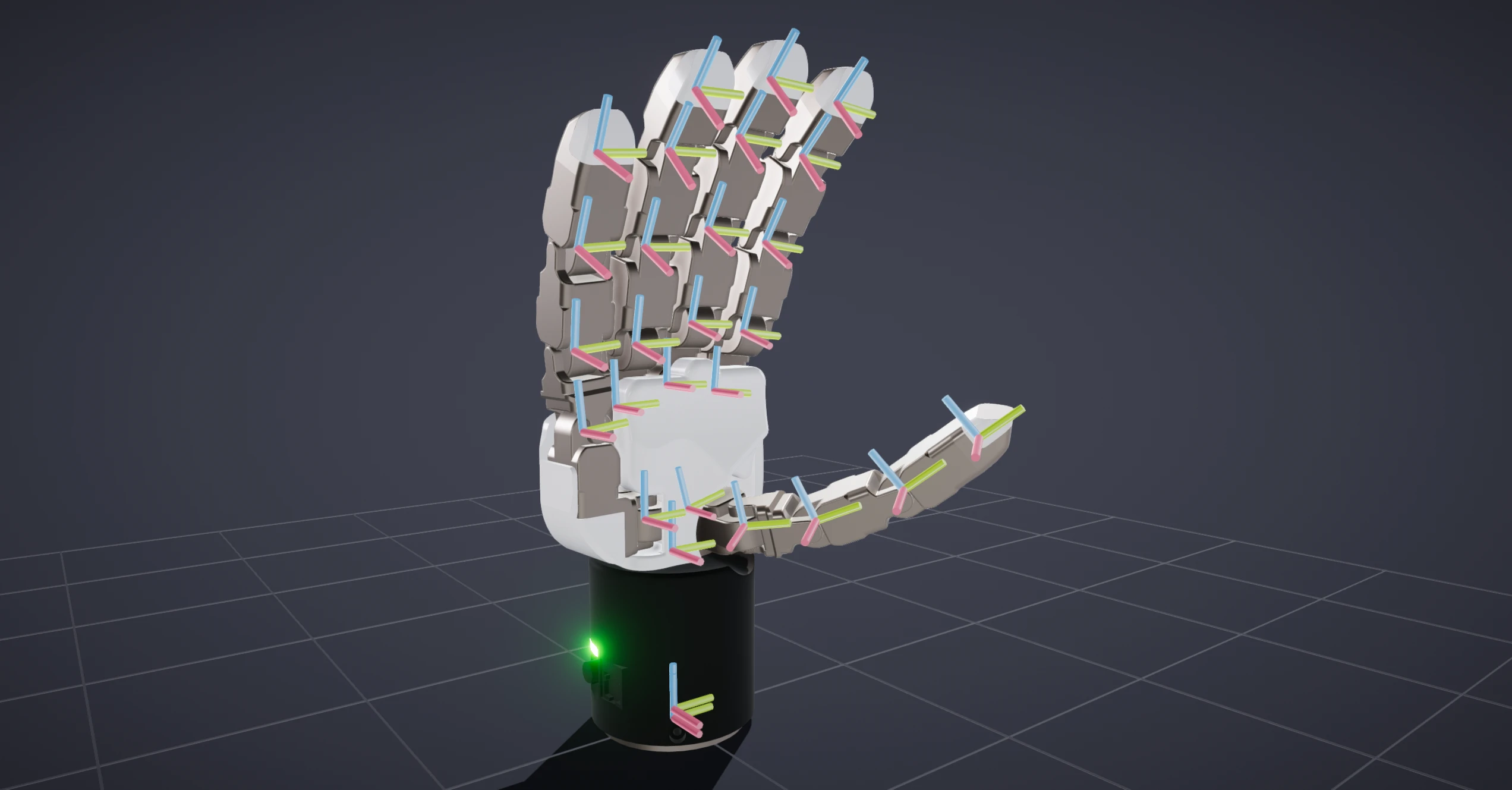 A robot hand with a red, green, and blue axis triad drawn at every link's origin, showing each link's local coordinate frame.