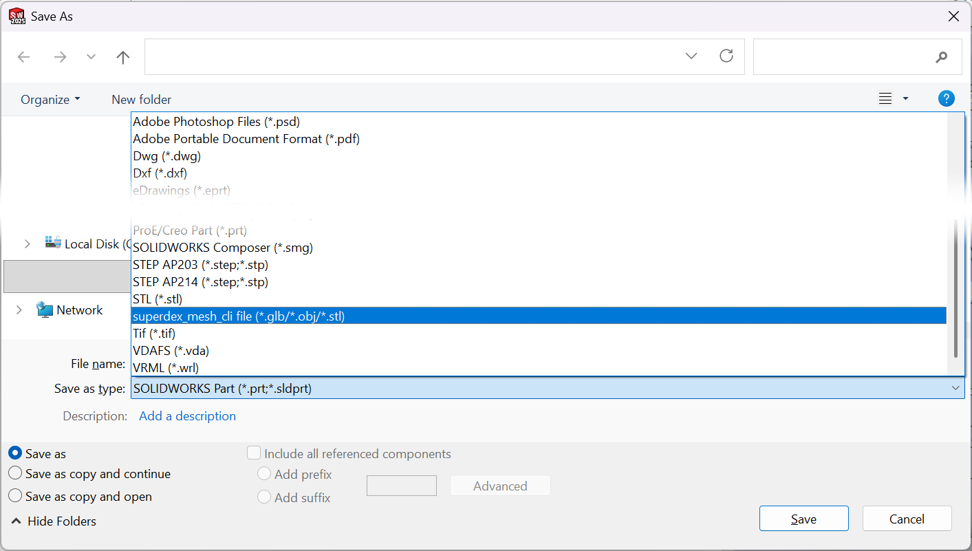 SolidWorks Save As dropdown