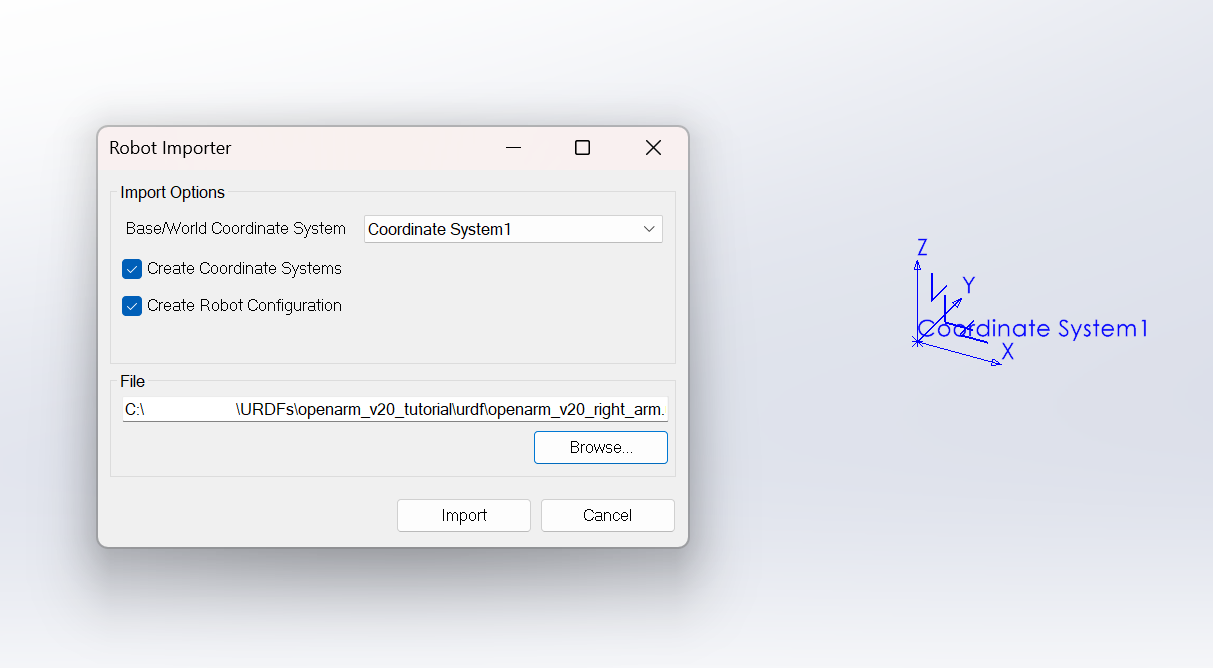 Import URDF menu