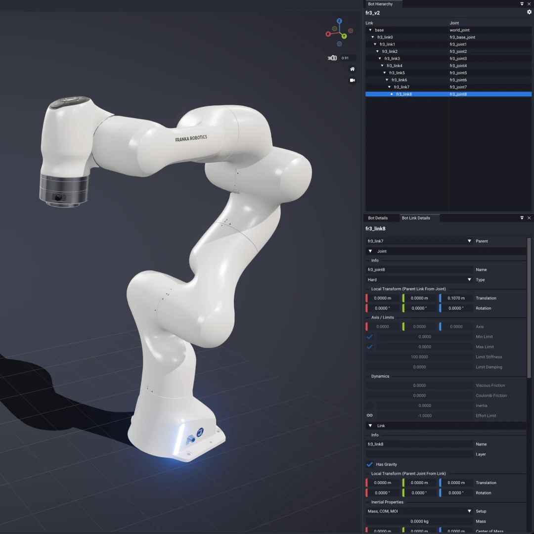 A Franka arm open in the Bot Editor, with the Bot Hierarchy and Bot Link Details panels beside it.