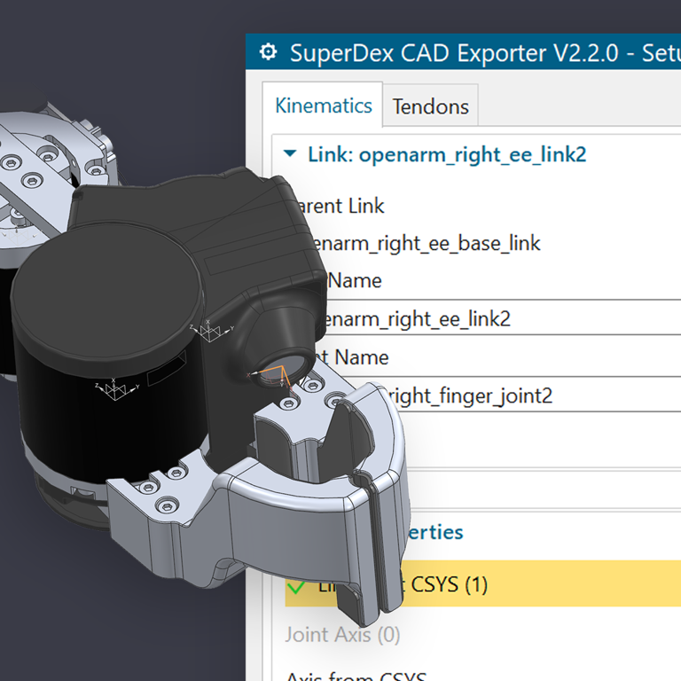 The SuperDex Robot Configuration Exporter configuring link properties on an OpenArm end effector, with its visual and collision meshes overlaid.