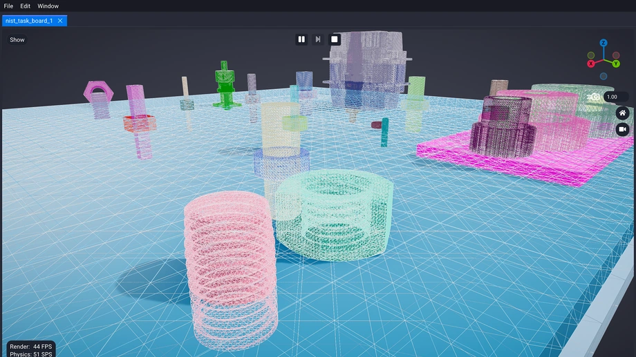 SuperDex Studio displaying wireframe debug geometry for a scene of rigid and deformable simulation assets.