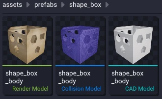 Three thumbnails for the shape_box_body asset in the Asset Browser — the Render Model, Collision Model, and CAD Model variants of the same box.
