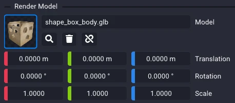 A Render Model socket in a bot or prefab's details panel, holding shape_box_body.glb, with translation, rotation, and scale fields below.