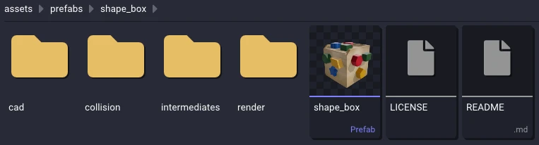 The Asset Browser inside a shape_box prefab folder showing cad, collision, intermediates, and render subfolders next to the shape_box prefab, a LICENSE file, and a README.