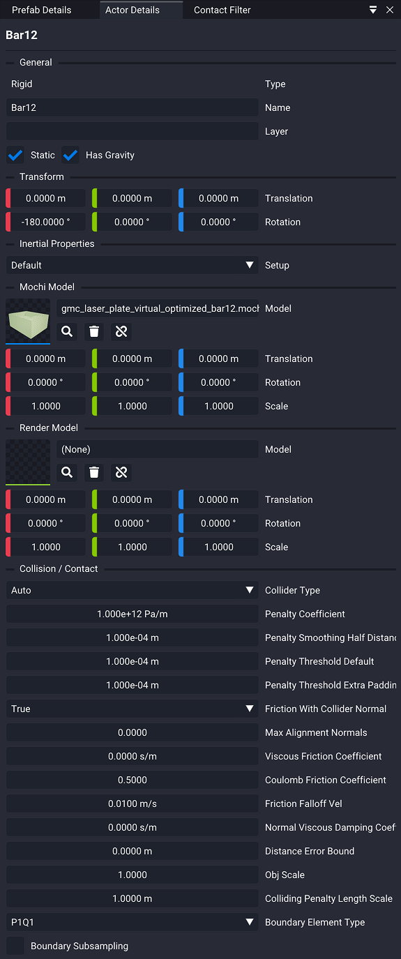 Actor Details for the rigid actor Bar12, scrolling from General with its Type, Name, and Layer fields and its Static and Has Gravity toggles, through Transform, Inertial Properties set to Default, a collision model slot and a render model slot each with their own translation, rotation, and scale, and finally the Collision / Contact parameters.