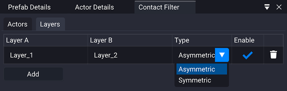 The Contact Filter window on the Layers tab, with one row pairing Layer_1 with Layer_2. Its Type dropdown is open on Asymmetric, with Symmetric listed below, and the row carries an Enable check and a delete button.