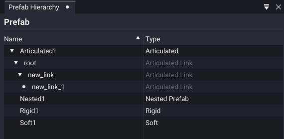The Prefab Hierarchy panel with Name and Type columns: Articulated1 expanded into root, new_link, and new_link_1 as Articulated Links, followed by Nested1 as a Nested Prefab, Rigid1 as Rigid, and Soft1 as Soft.