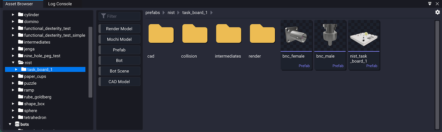 The Asset Browser showing the nist/task_board_1 folder: a folder tree on the left, a column of type filters in the middle, and a grid holding the cad, collision, intermediates and render subfolders alongside three prefab tiles.