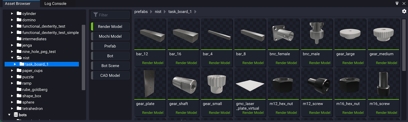 The same folder with the Render Model filter active, highlighted green. The subfolders have disappeared and the grid instead shows sixteen individual render meshes with thumbnails of bars, gears, hex nuts and screws, each tagged Render Model.